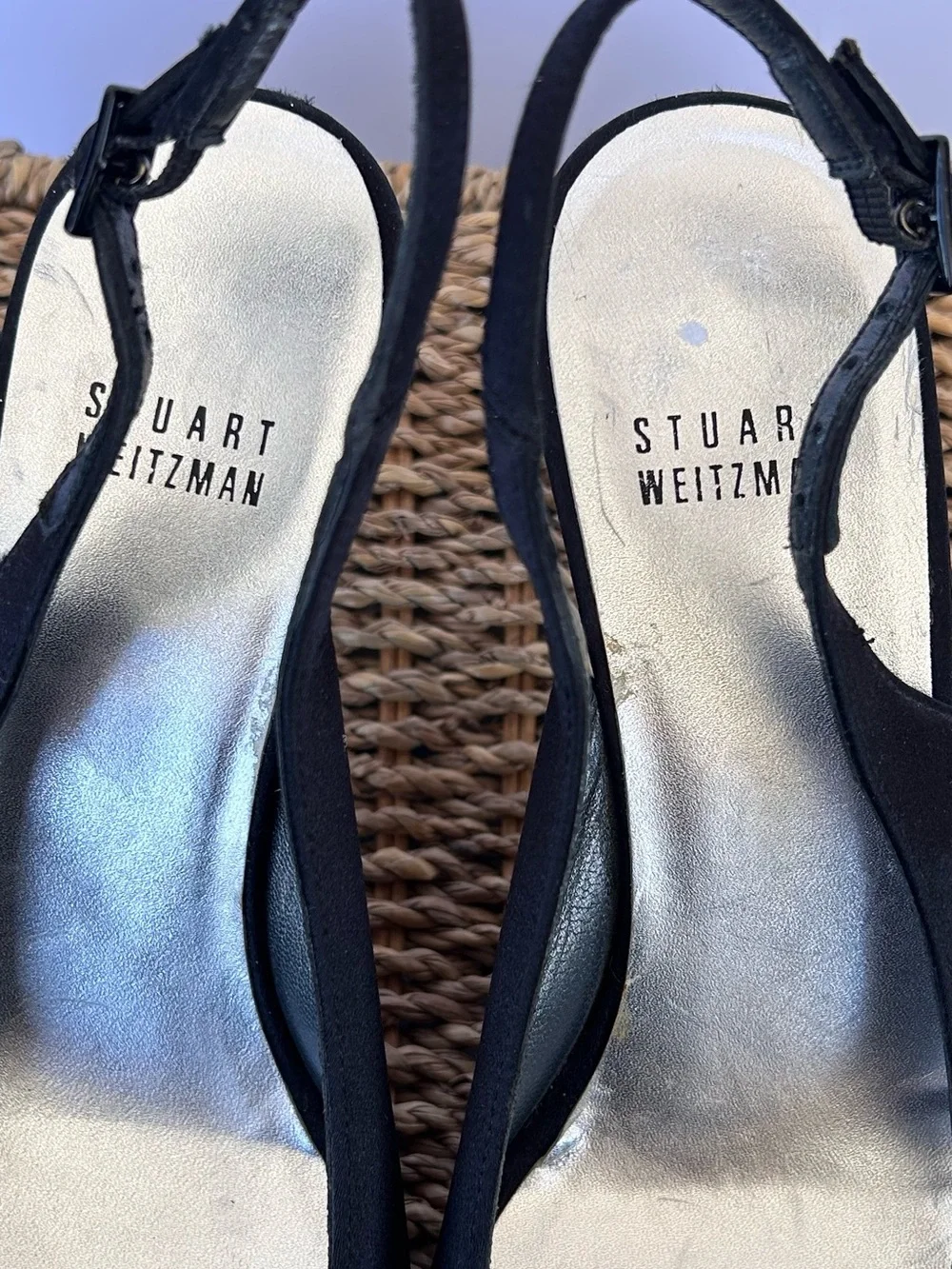 Stuart Weitzman Women’s Slingback Peep Toe Satin Heel Black‎ Size 7M - Picture 6 of 11